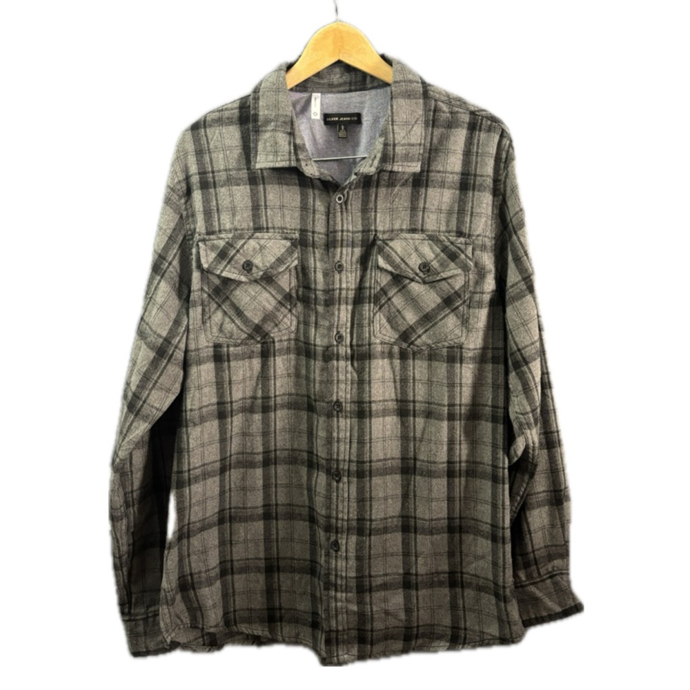 Silver Jeans Gray Black Plaid Button up Long sleeve Shirt Men's Large Grunge Y2k